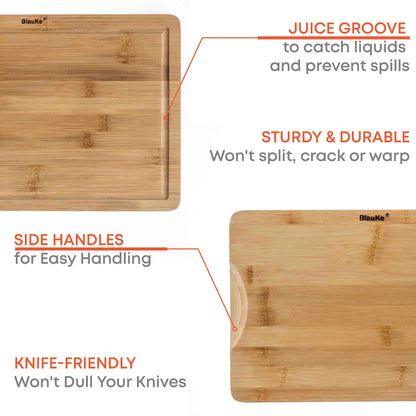 Wooden Cutting Boards for Kitchen with Juice Groove and Handles - Bamboo Chopping Boards Set of 3 - Wood Serving Trays
