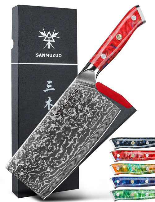 SANMUZUO Chinese Chef Knife - 7" Cleaver Knife- Xuan Series - VG10 Damascus Steel Kitchen Knife - Resin Handle (Sunset Red)